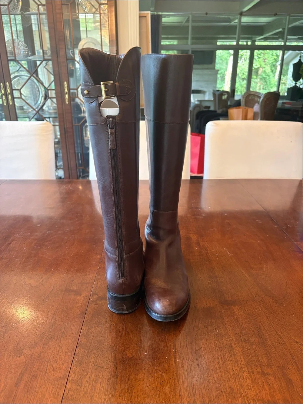 Tall Brown Leather Riding Boots with Buckle Detail Without Box or Tags